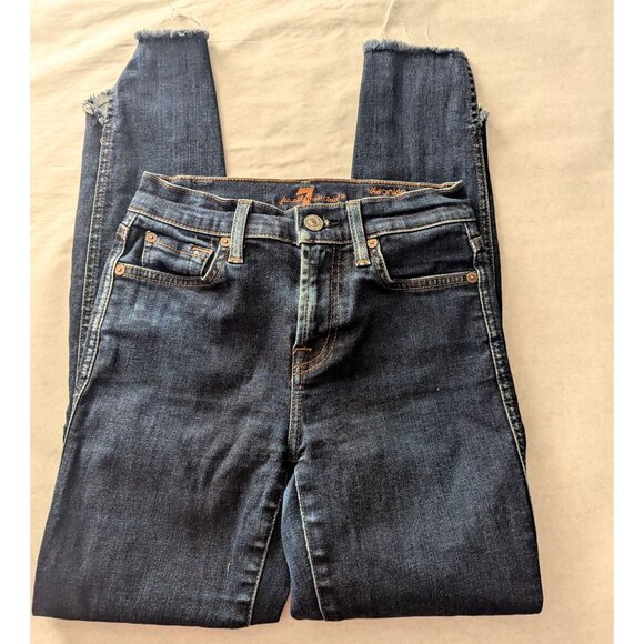 7 For All Mankind Ankle Skinny Jeans 24 Distressed Hem Dark Wash - Picture 2 of 11